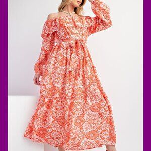 Easel Sunset Orange Printed Off-Shoulder Maxi Dress NWT M